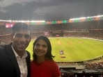 The former UK PM Rishi Sunak posed with his wife Akshata Murty at the Narendra Modi Stadium in Ahmedabad.