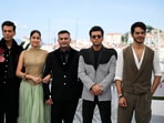 Director Neeraj Ghaywan and cast members Ishaan Khatter, Vishal Jethwa, Janhvi Kapoor and producer Karan Johar pose at the 78th Cannes Film Festival in Cannes. REUTERS/Sarah Meyssonnier