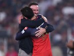 Royal Challengers Bengaluru's Virat Kohli, right, hugs to celebrate with former teammate AB de Villiers Royal Challengers Bengaluru's Virat Kohli, right, hugs to celebrate with former teammate AB de Villiers