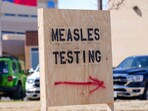 A sign is seen outside of Seminole Hospital District offering measles testing, in February 2025, in Seminole, Texas. (File Photo/ AP)