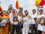 Bengaluru: Kannada activists hold posters of actor Kamal Haasan during a protest against the latter for his remarks about the Kannada language. Bengaluru: Kannada activists hold posters of actor Kamal Haasan during a protest against the latter for his remarks about the Kannada language.