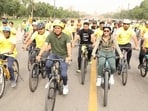 Union Minister of Youth Affairs & Sports and Labour & Employment, Dr Mansukh Mandaviya, Bollywood actor Sharvari, and others cycled along at Kartavya Path in Delhi, on Sunday.  