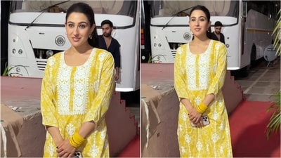 In a recent appearance, Sara Ali Khan wore a bright yellow kurta with intricate chikankari embroidery. (Instagram/@manav.manglani) In a recent appearance, Sara Ali Khan wore a bright yellow kurta with intricate chikankari embroidery. (Instagram/@manav.manglani)