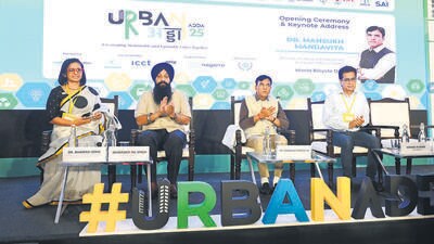 BYCS CEO Dr Bhairavi Joshi, CFI Secretary General Muninder Pal Singh, Union minister Mansukh Mandaviya and Nagarro CEO Manas Human during Urban Adda 2025, at Habitat Centre in New Delhi on Tuesday. (Vipin Kumar/HT PHOTO) BYCS CEO Dr Bhairavi Joshi, CFI Secretary General Muninder Pal Singh, Union minister Mansukh Mandaviya and Nagarro CEO Manas Human during Urban Adda 2025, at Habitat Centre in New Delhi on Tuesday. (Vipin Kumar/HT PHOTO)