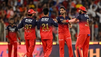 Bhuvneshwar shut the doors on Punjab when he dismissed Nehal Wadhera (15) and Marcus Stoinis (6) in a span of three deliveries in the 17th over and thereon, RCB’s triumph was only a formality.&nbsp; (AFP)