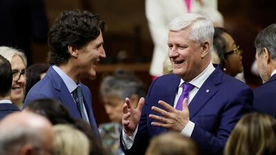 Canada’s former prime ministers Justin Trudeau (left) and Stephen Harper speak, on the day Britain's King Charles and Queen Camilla visit the Senate of Canada Building in Ottawa, Ontario, on May 27. (REUTERS) Canada’s former prime ministers Justin Trudeau (left) and Stephen Harper speak, on the day Britain's King Charles and Queen Camilla visit the Senate of Canada Building in Ottawa, Ontario, on May 27. (REUTERS)