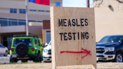 A sign is seen outside of Seminole Hospital District offering measles testing, in February 2025, in Seminole, Texas. (File Photo/ AP) A sign is seen outside of Seminole Hospital District offering measles testing, in February 2025, in Seminole, Texas. (File Photo/ AP)