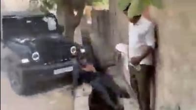 The road rage incident took place in Noida’s Sector 53, in which a Mahindra Thar SUV can be seen hitting a young man, flinging him into a roadside drain. The road rage incident took place in Noida’s Sector 53, in which a Mahindra Thar SUV can be seen hitting a young man, flinging him into a roadside drain.