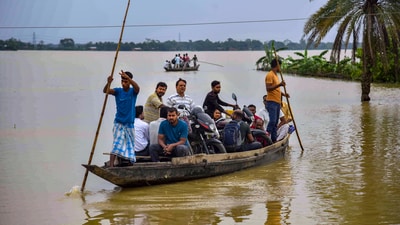 Hojai: Villagers are transported on a boat to a safer place from a flood-affected area following heavy rain, at Jamunamukh area, in Hojai district of Assam, Tuesday, June 3, 2025 (PTI)