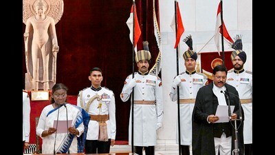 President Droupadi Murmu administers the oath of office to CJI Bhushan Ramkrishna Gavai at Rashtrapati Bhavan on May 14. (ANI Photo) President Droupadi Murmu administers the oath of office to CJI Bhushan Ramkrishna Gavai at Rashtrapati Bhavan on May 14. (ANI Photo)