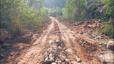 Tyre marks left by tractor trolleys and JCB earthmovers, pointing at mining activity in the Aravalli range region at Gangani village, in Gurugram. (Parveen Kumar/HT) Tyre marks left by tractor trolleys and JCB earthmovers, pointing at mining activity in the Aravalli range region at Gangani village, in Gurugram. (Parveen Kumar/HT)