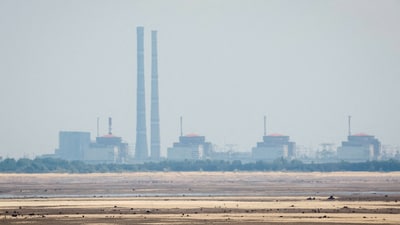 The Zaporizhzhia Nuclear Power Plant from the bank of Kakhovka Reservoir near the town of Nikopol (REUTERS)
