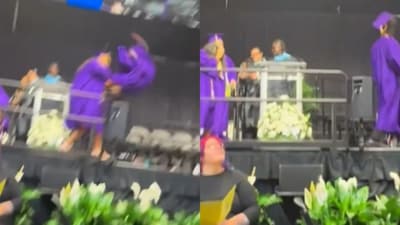 A high school graduation in South Florida took a turn when a student's celebratory backflip accidentally kicked a girl behind him. (TikTok/rebel_chaos) A high school graduation in South Florida took a turn when a student's celebratory backflip accidentally kicked a girl behind him. (TikTok/rebel_chaos)
