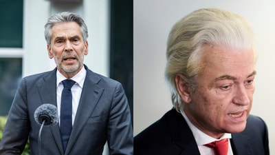 Dutch PM Schoof (L) will be leading the caretaker government after Geert Wilders (R) exit from the coalition, triggering the government's collapse (AP)