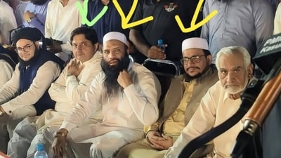 (L-R under arrows) Pakistan's Punjab assembly speaker, LeT commanders Saifullah Ansari, Talha Saeed, and minister Malik Rasheed Ahmed Khan were seen in a recent rally. (X/@TahaSSiddiqui)