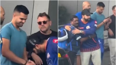 Rohit Sharma meets Arjun Tendulkar (L) before leaving MI camp (X)