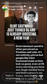 Kangana shared a post by Viral Pop which talked about Clint turning 95. Kangana shared a post by Viral Pop which talked about Clint turning 95.
