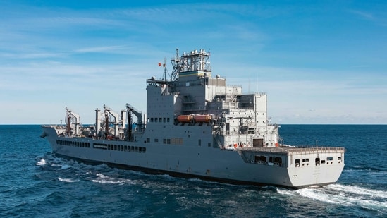 The USNS Harvey Milk was christened in 2021, as part of the John Lewis class of tankers. (AFP)