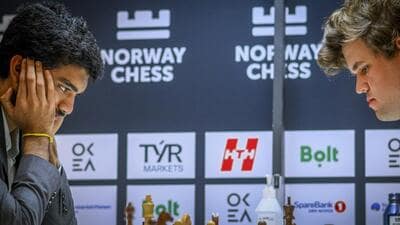 **EDS: THIRD PARTY IMAGE** In this image via Norway Chess, World Chess Champion D Gukesh and former world chess champion Magnus Carlsen during their match at Round 6 of Norway Chess 2025 tournament, in Stavanger, Norway, Sunday, June 1, 2025. (Norway Chess via PTI Photo)(PTI06_02_2025_000405B) (Norway Chess) **EDS: THIRD PARTY IMAGE** In this image via Norway Chess, World Chess Champion D Gukesh and former world chess champion Magnus Carlsen during their match at Round 6 of Norway Chess 2025 tournament, in Stavanger, Norway, Sunday, June 1, 2025. (Norway Chess via PTI Photo)(PTI06_02_2025_000405B) (Norway Chess)