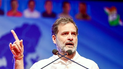 Lok Sabha LoP Rahul Gandhi addresses the PCC members, district and block presidents, party leaders and workers in the Congress Party conference, at Ravindra Bhawan in Bhopal on Tuesday. (ANI)
