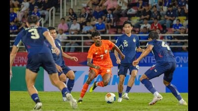 India’s Liston Colaco between Thailand defenders in Pathum Thani, Thailand, on Wednesday. (AIFF) India’s Liston Colaco between Thailand defenders in Pathum Thani, Thailand, on Wednesday. (AIFF)