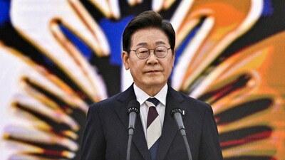 South Korea's President Lee Jae-myung delivered a speech after taking his oath during his inauguration ceremony at the National Assembly in Seoul on Wednesday. (REUTERS)