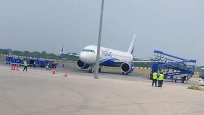The IndiGo flight, which received the bomb threat, parked at the isolation bay in Patna airport on Wednesday. (HT Photo) The IndiGo flight, which received the bomb threat, parked at the isolation bay in Patna airport on Wednesday. (HT Photo)