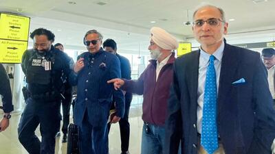 The all-party delegation led by Congress MP Shashi Tharoor arrives at Washington DC on the last leg of their visit on Operation Sindoor global outreach, at Dulles airport in Washington DC on Tuesday. Ambassador of India to the United States, Vinay Mohan Kwatra and delegation member former Indian Ambassador to the US Taranjit Singh Sandhu also seen. (ANI)