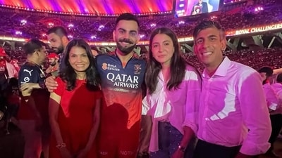 Rishi Sunak and Akshata Murty with Virat Kohli, Anushka Sharma. Rishi Sunak and Akshata Murty with Virat Kohli, Anushka Sharma.