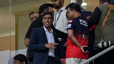 Former British Prime Minister Rishi Sunak at the Indian Premier League (IPL) Twenty20 final cricket match between Royal Challengers Bengaluru and Punjab Kings at the Narendra Modi Stadium in Ahmedabad (AFP)
