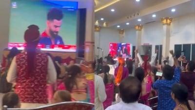 The wedding came to a standstill as guests gathered around screens to witness RCB’s IPL 2025 victory. (X/@nikchillz) The wedding came to a standstill as guests gathered around screens to witness RCB’s IPL 2025 victory. (X/@nikchillz)