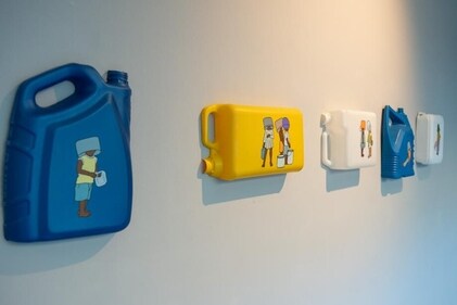 Artist Mohd Intiyaz used found materials, such as plastic containers and fibre casts, to highlight resourcefulness amid scarcity.