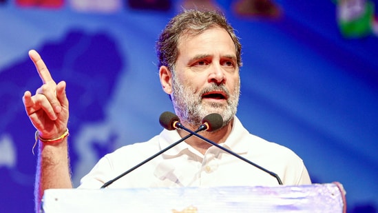 Lok Sabha LoP Rahul Gandhi addresses the PCC members, district and block presidents, party leaders and workers in the Congress Party conference, at Ravindra Bhawan in Bhopal on Tuesday. (ANI)