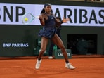 Coco Gauff of the U.S. plays a shot against France's Lois Boisson during their semifinal match of the French Tennis Open at the Roland-Garros stadium in Paris, Thursday