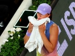 Poland's Iga Swiatek reacts during her semi final match against Belarus' Aryna Sabalenka 