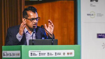 Amitabh Kant during the Urban Adda 25 conclave organized by ICCT, aimed to unite young voices, experts, and leaders to forge sustainable urban futures. (RAJ K RAJ /HT PHOTO)
