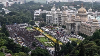 This photograph shows thousands of fans gathering outside Vidhana Soudha to celebrate Royal Challengers Bengaluru winning the IPL in Bengaluru. (AFP) This photograph shows thousands of fans gathering outside Vidhana Soudha to celebrate Royal Challengers Bengaluru winning the IPL in Bengaluru. (AFP)