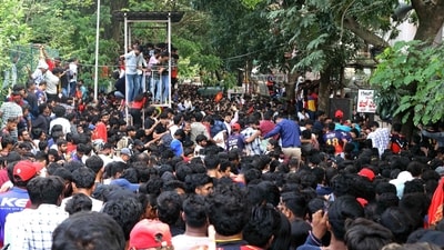 Fans throng near the M. Chinnaswamy Stadium in Bengaluru on June 4, 2025, to celebrate a day after the victory of Royal Challengers Bengaluru in the IPL. (AFP) Fans throng near the M. Chinnaswamy Stadium in Bengaluru on June 4, 2025, to celebrate a day after the victory of Royal Challengers Bengaluru in the IPL. (AFP)