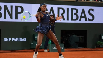 Coco Gauff of the U.S. plays a shot against France's Lois Boisson during their semifinal match of the French Tennis Open at the Roland-Garros stadium in Paris, Thursday (AP)