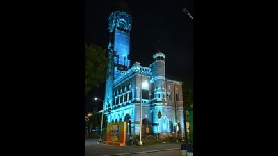 Mayo Hall Sports Complex, decorated with façade lights in Prayagraj. (Anil Kumar Maurya/HT) Mayo Hall Sports Complex, decorated with façade lights in Prayagraj. (Anil Kumar Maurya/HT)