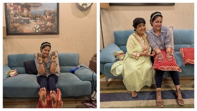 Hina Khan flaunts her mehendi in new pictures from her wedding ceremony with Rocky Jaiswal. Hina Khan flaunts her mehendi in new pictures from her wedding ceremony with Rocky Jaiswal.