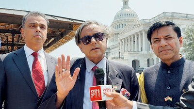 Congress MP Shashi Tharoor along with other members of his delegation talks to media after a meeting with senior members of the US Senate Foreign Relations Committee and Senate Intelligence Committee, in Washington DC, USA. (PTI)