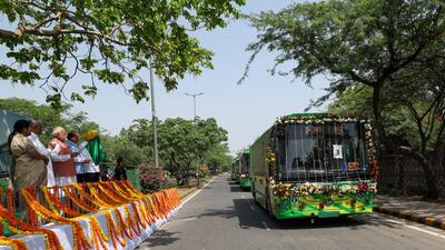 Prime Minister Narendra Modi flags off the buses on Thursday. Also present are chief minister Rekha Gupta, LG VK Saxena, Union environment minister Bhupender Yadav, and Delhi environment minister Manjinder Singh Sirsa. (HT Photo) Prime Minister Narendra Modi flags off the buses on Thursday. Also present are chief minister Rekha Gupta, LG VK Saxena, Union environment minister Bhupender Yadav, and Delhi environment minister Manjinder Singh Sirsa. (HT Photo)