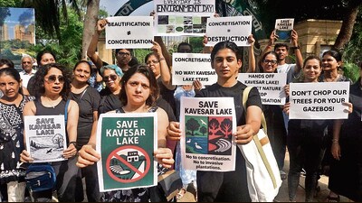 Thane residents protested against the concretisation of Kavesar wetlands. (HT Photo) Thane residents protested against the concretisation of Kavesar wetlands. (HT Photo)