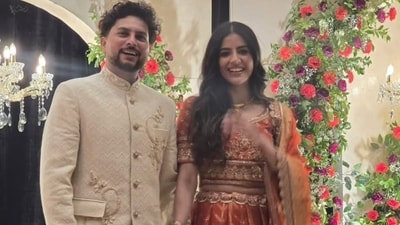 Kuldeep Yadav poses with his fiancée Vanshika at their engagement bash. Kuldeep Yadav poses with his fiancée Vanshika at their engagement bash.