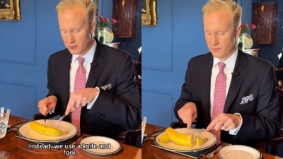 A British etiquette coach sparked laughs online by demonstrating the "proper" way to eat a banana — using a knife and fork. (Instagram/williamhanson) A British etiquette coach sparked laughs online by demonstrating the "proper" way to eat a banana — using a knife and fork. (Instagram/williamhanson)