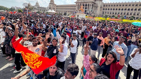 RCB fans gathered in large numbers outside Vidhana Soudha in Bengaluru on Wednesday to catch a glimpse of their Indian Premier League (IPL) 2025 champion team. (ANI)