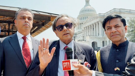 Congress MP Shashi Tharoor along with other members of his delegation talks to media after a meeting with senior members of the US Senate Foreign Relations Committee and Senate Intelligence Committee, in Washington DC, USA. (PTI)