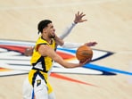 Indiana Pacers guard Tyrese Haliburton (0) shoots the ball against Oklahoma City Thunder