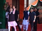 Prime Minister Narendra Modi waves after flagging off the Vande Bharat Express at Shri Mata Vaishno Devi station in Katra on June 6, Prime Minister Narendra Modi waves after flagging off the Vande Bharat Express at Shri Mata Vaishno Devi station in Katra on June 6,